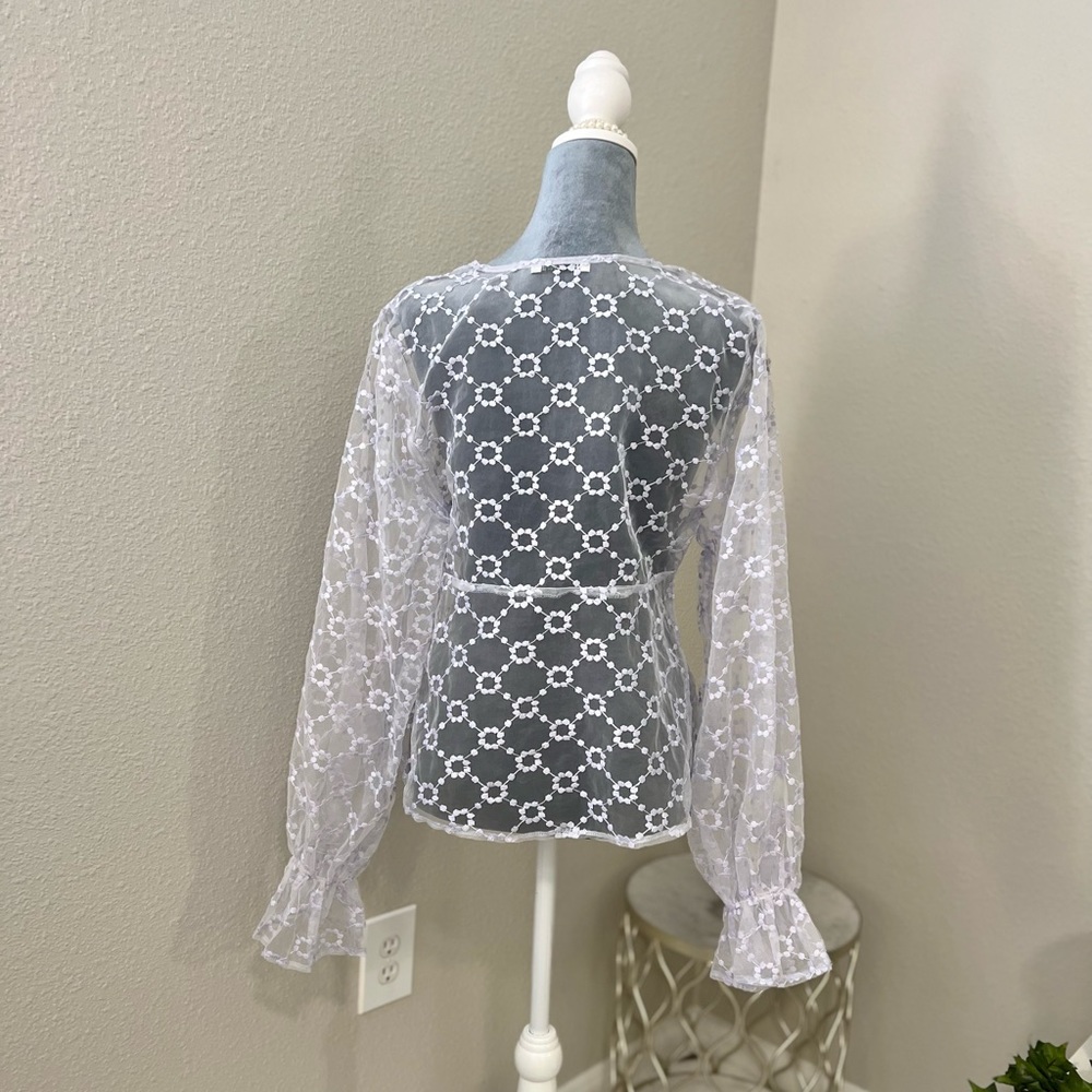 Zara Lilac Sheer Embroidered Floral V-Neck Blouse - Picture 2 of 6